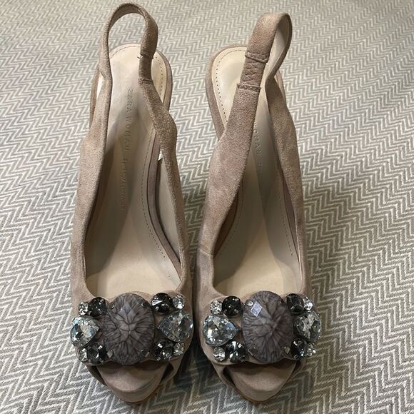 Zara Crystal Embellished Peep Toe Sling Back Heels - Picture 2 of 9